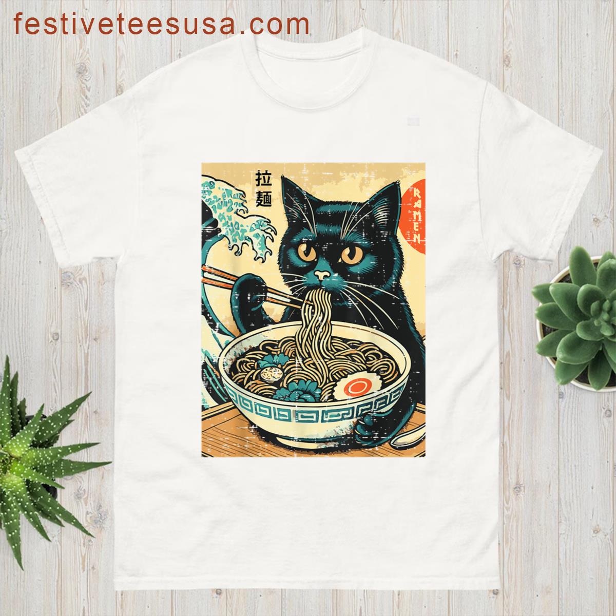 Cat Ramen Great Wave T-shirt