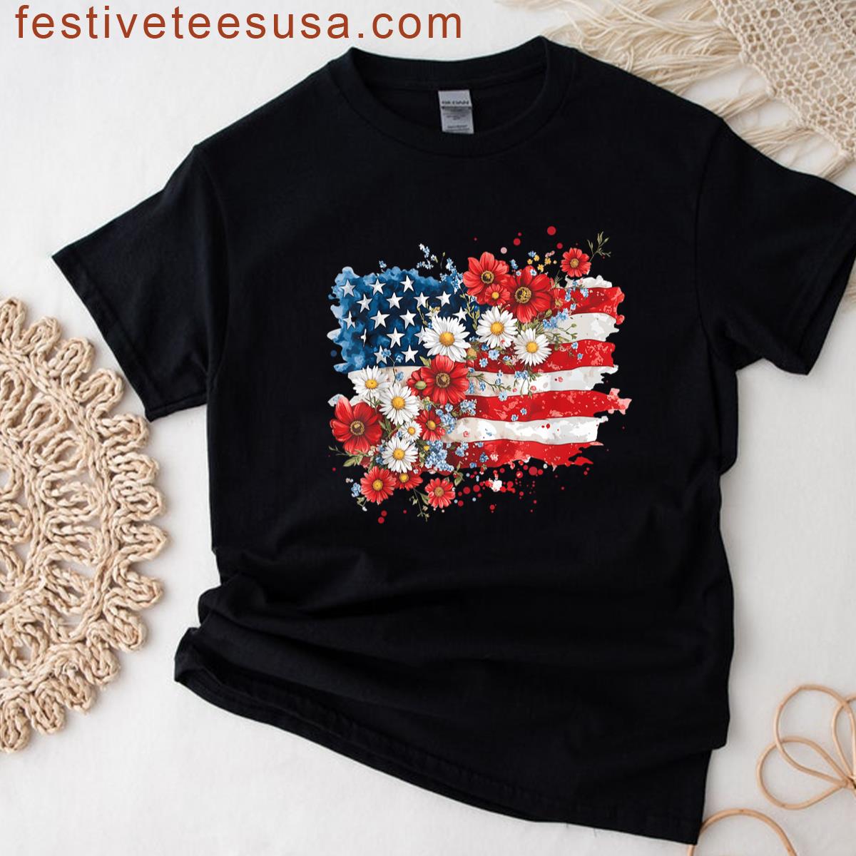 Floral American Flag Patriotic T-shirt