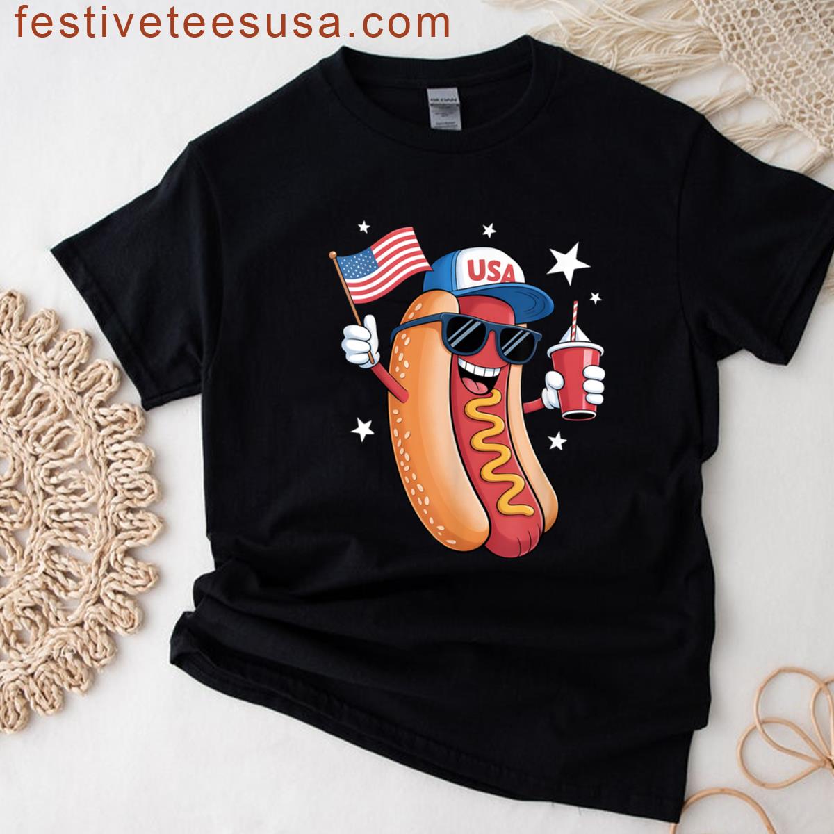 4th Of July Hotdog Funny Fourth Of July Patriotic Usa Flag T-shirt