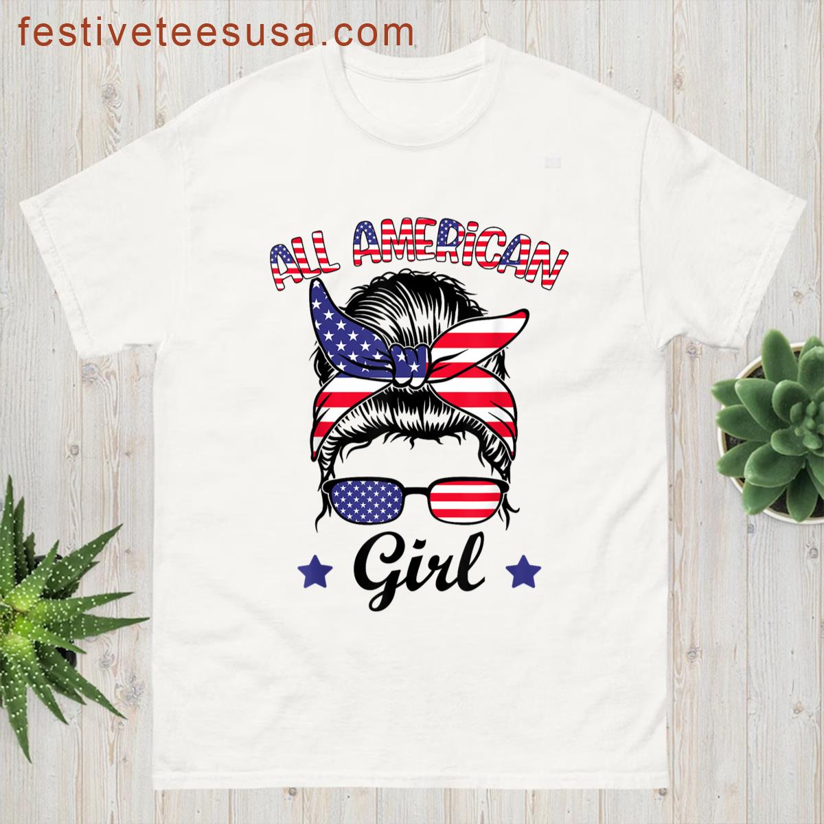 American Girls Messy Bun Patriotic Usa Flag 4th Of July T-shirt