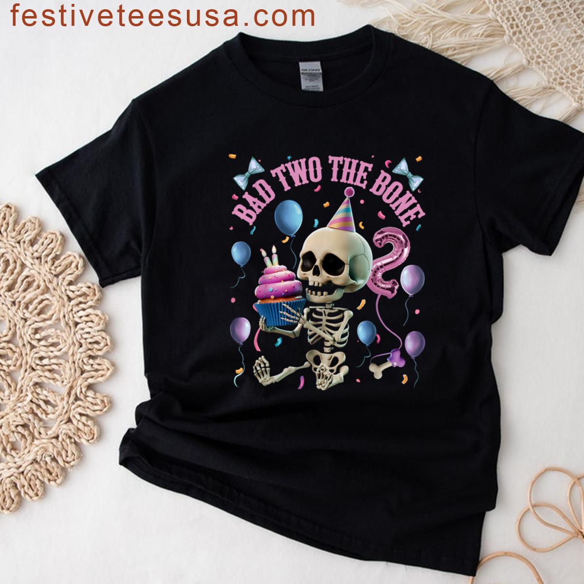 Bad Two The Bone 2nd Birthday Balloons Toddler Halloween T-shirt