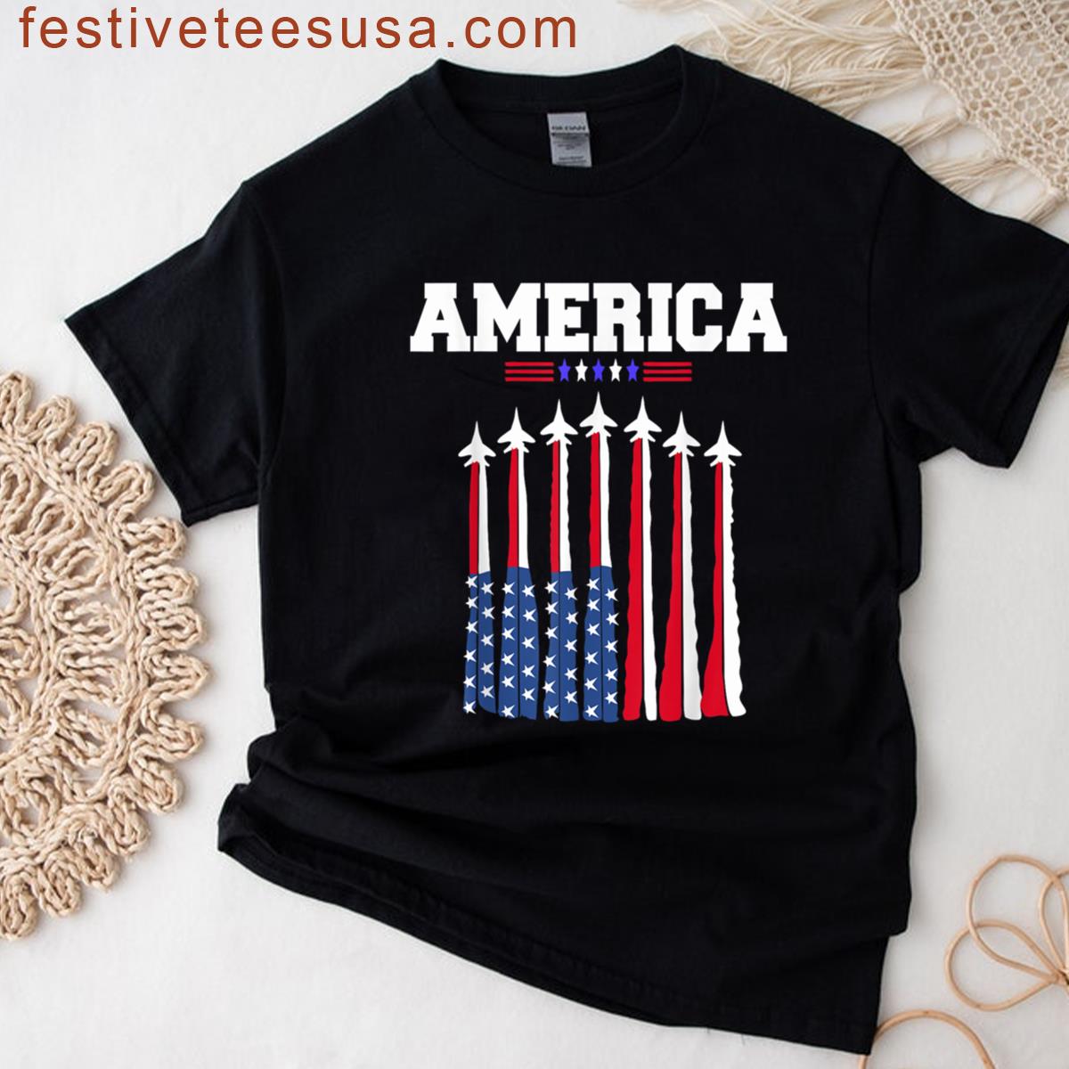 Boys Patriotic American Usa Flag Fighter Jets 4th Of July T-shirt