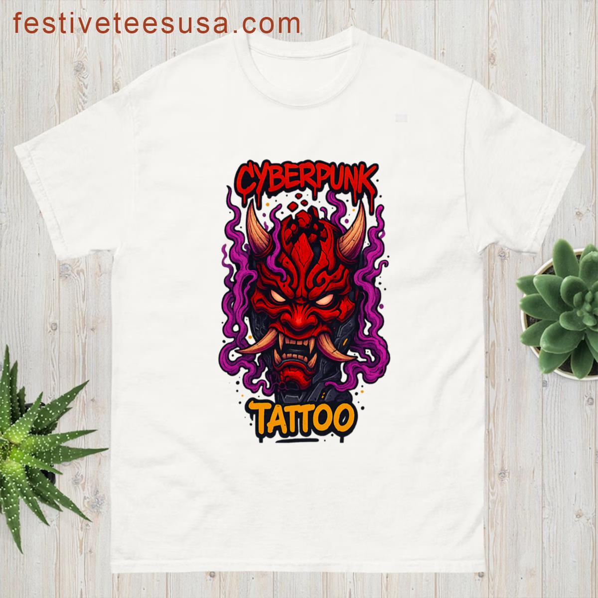 Cyberpunk Tattoo Fiery Demon Mask T-shirt