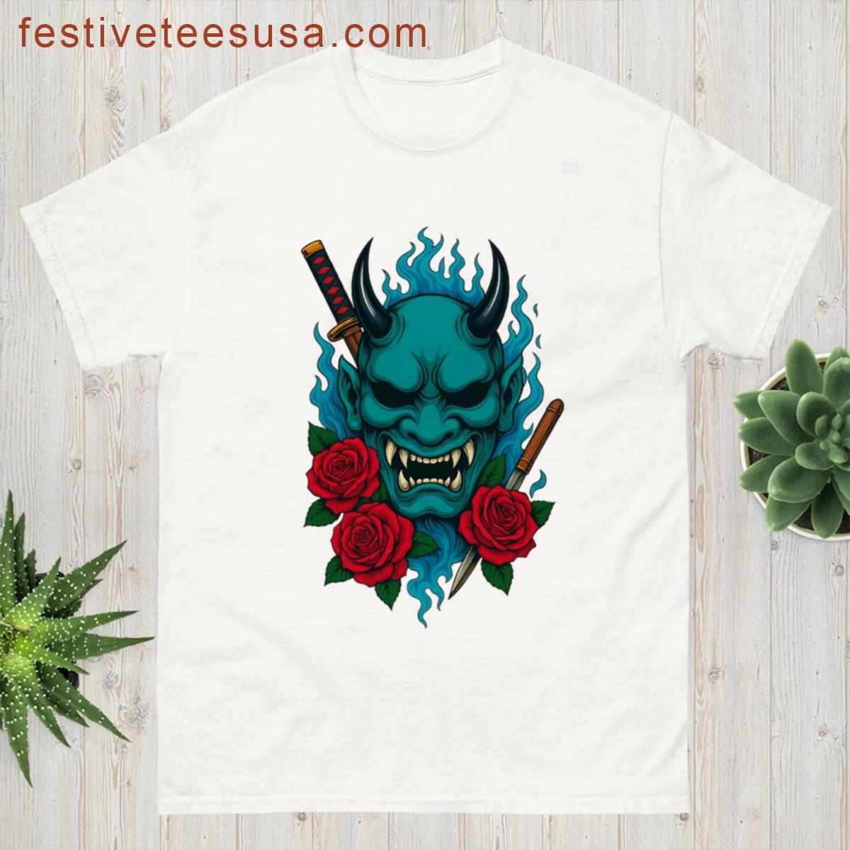 Demonic Samurai Mask With Fiery Aura T-shirt