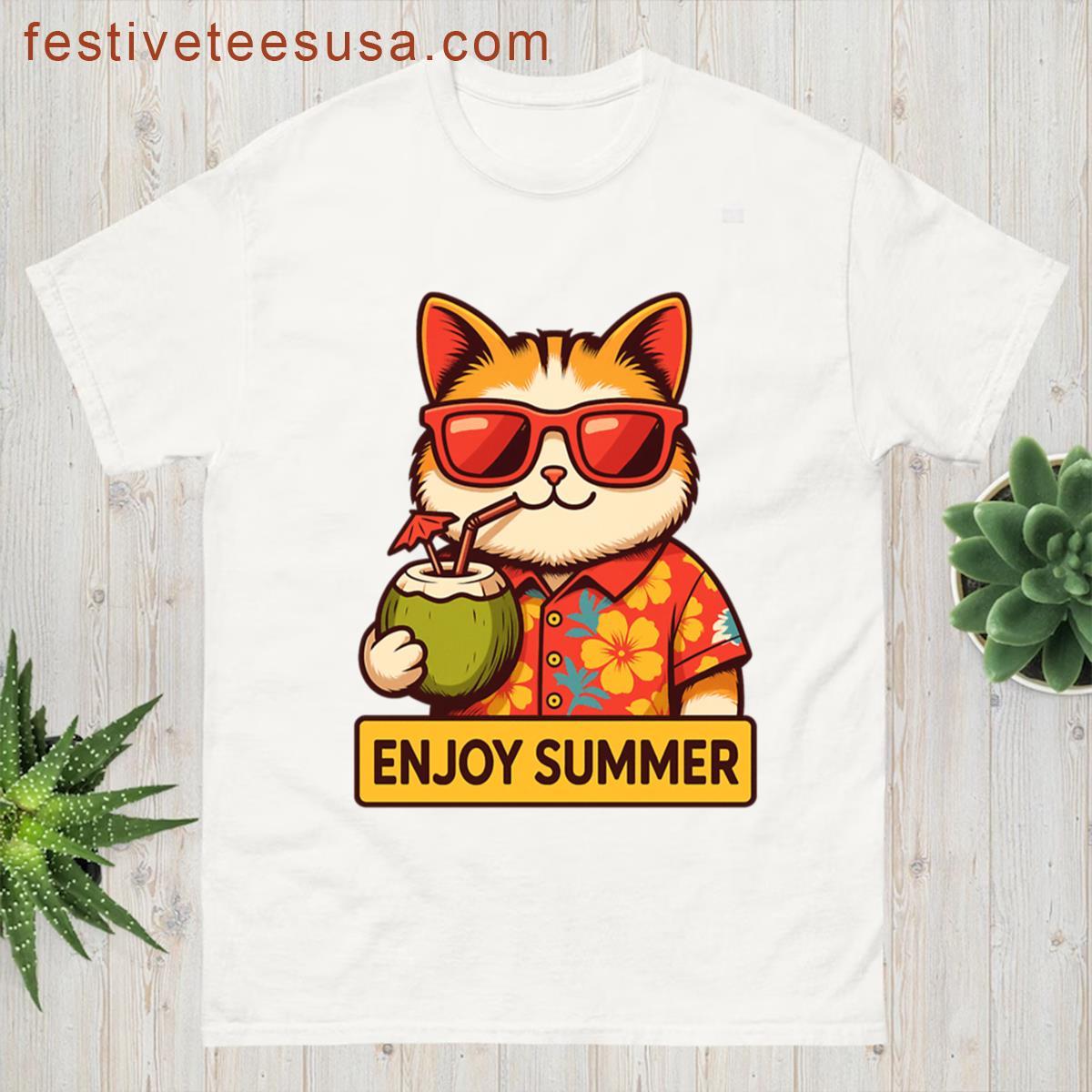 Enjoy Summer Cat Cute Beach Vacation T-shirt