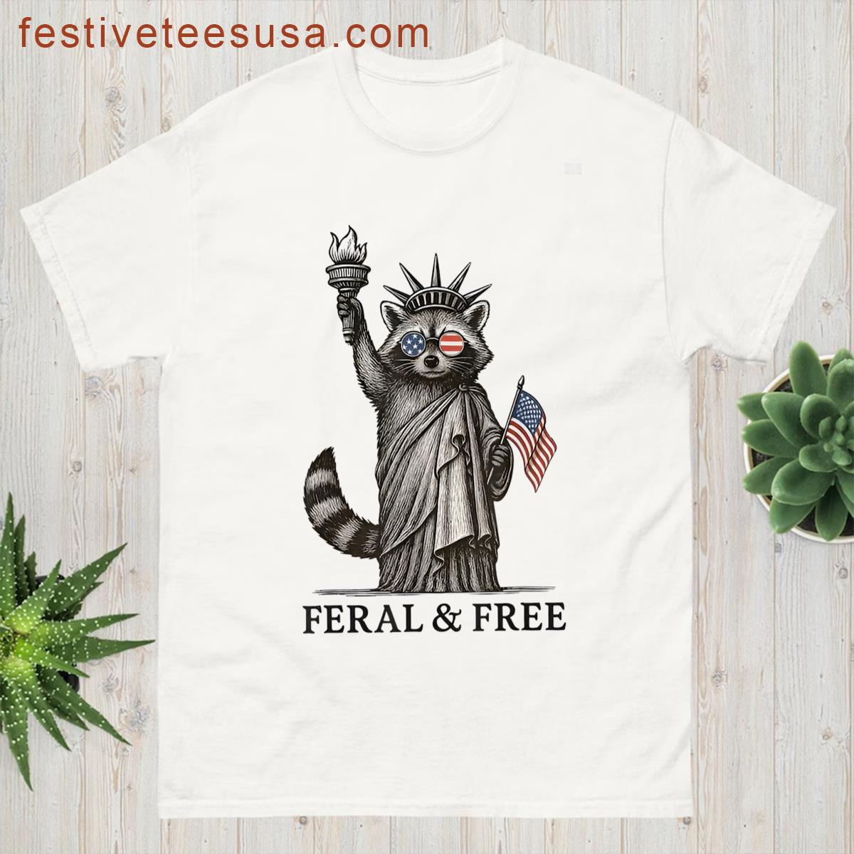 Feral And Free Raccoon Funny Raccoon 4th Of July Usa Flag T-shirt