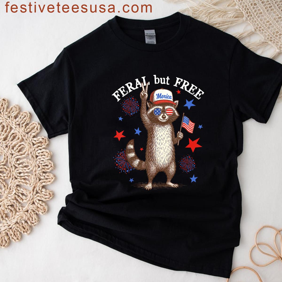 Feral But Free Fireworks Feral Summer Raccoon 4th Of July T-shirt