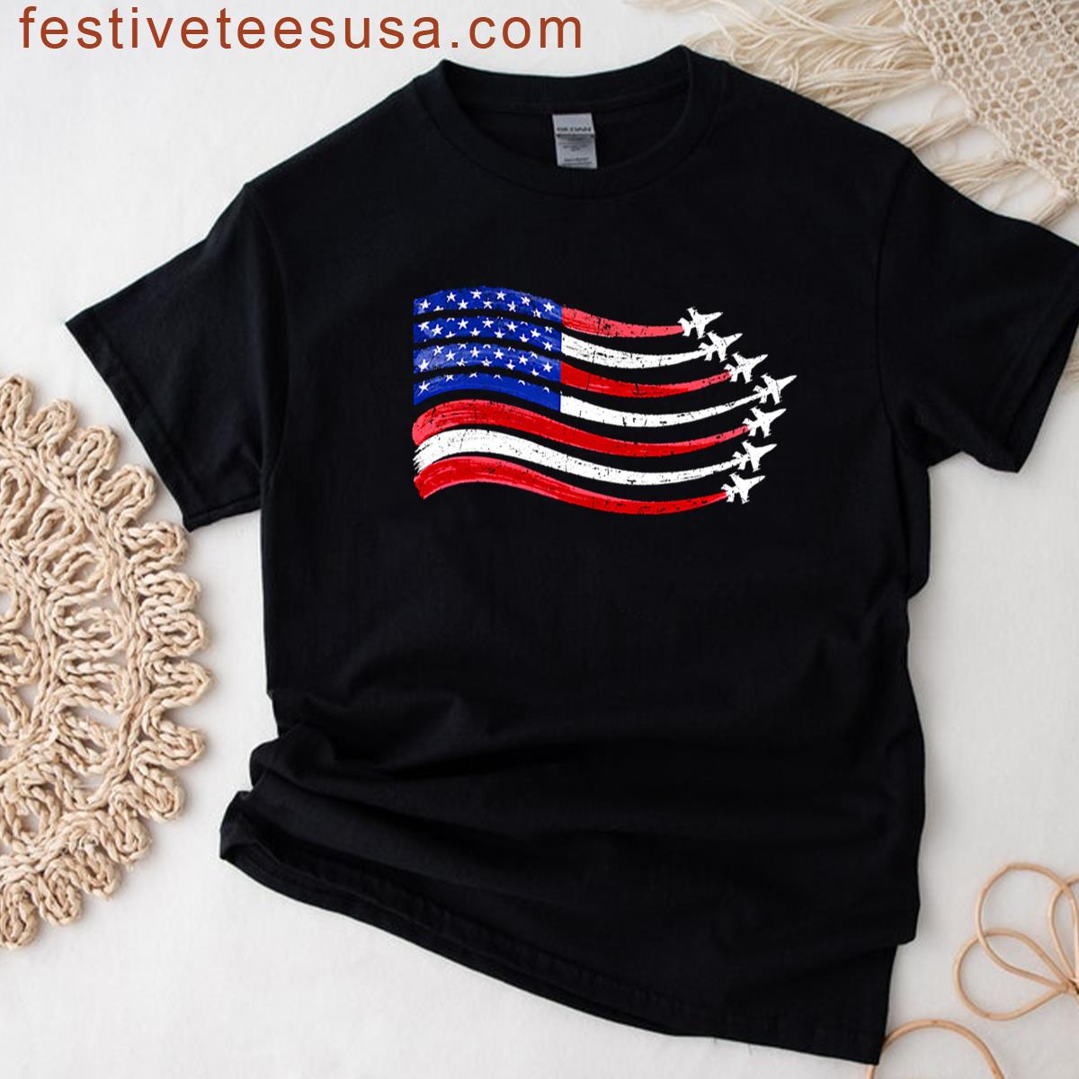 Fighter Jets 4th Of July Patriotic Red White Blue Usa Flag T-shirt