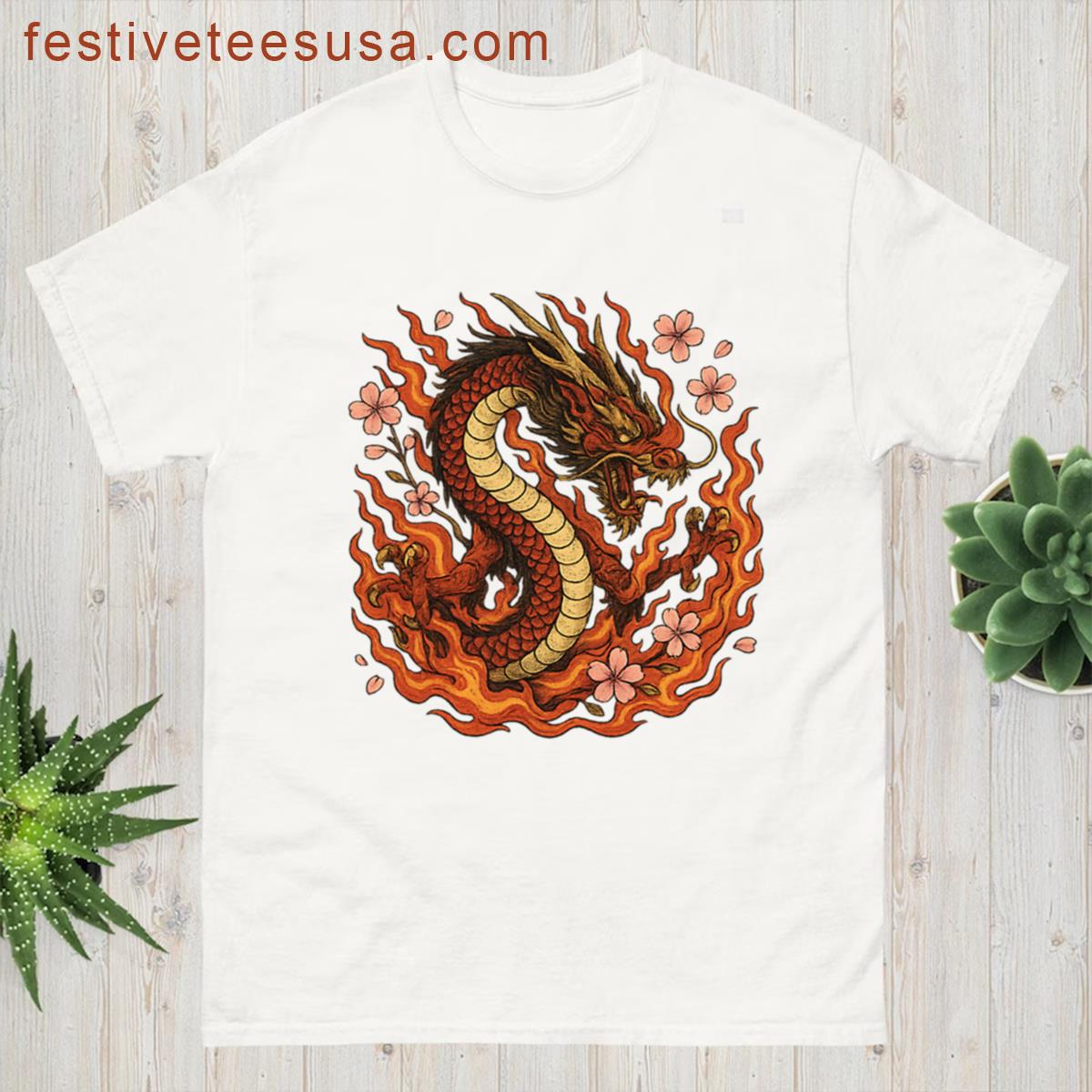 Flame Wrapped Dragon With Cherry Blossoms Oversized T-shirt