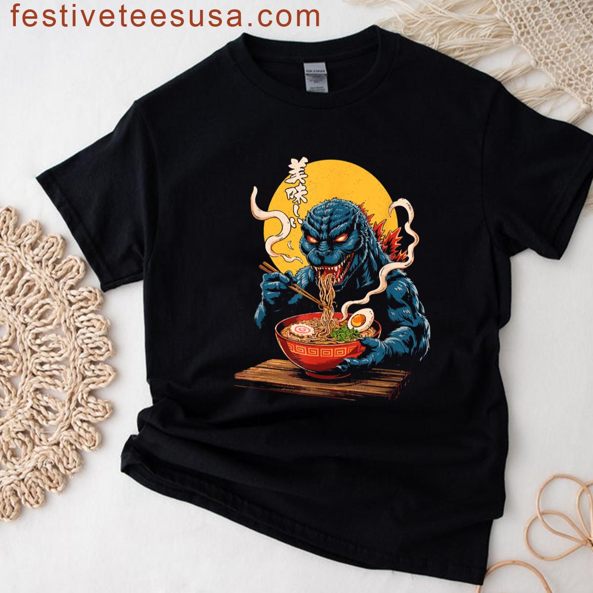 Funny Kaiju Eating Ramen Japanese Monster Lover Birthday T-shirt