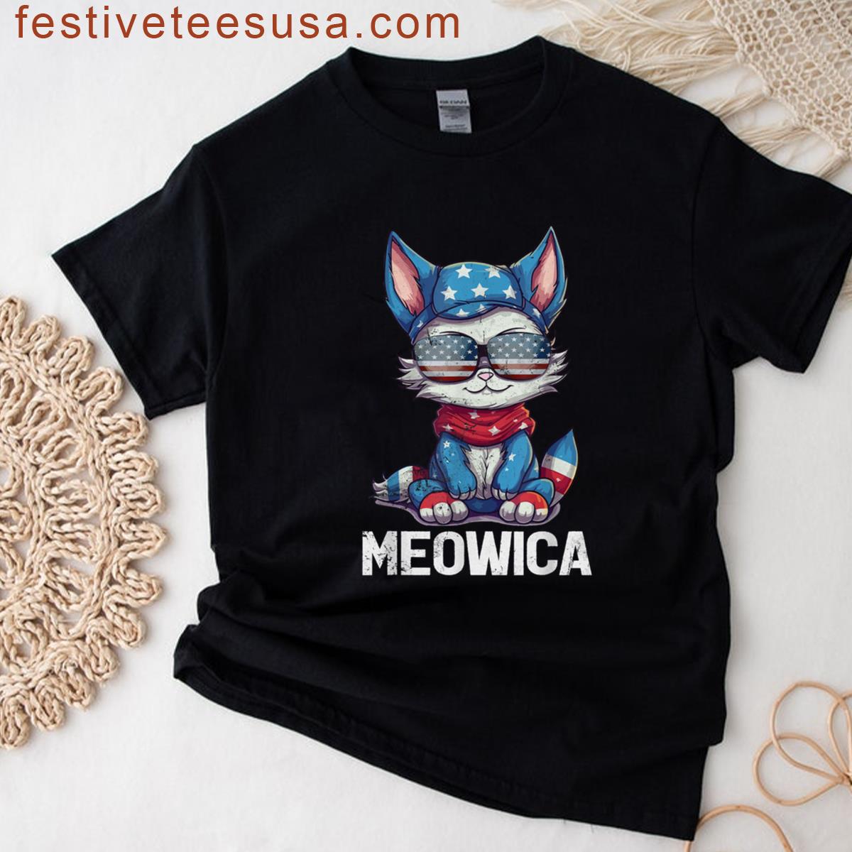 Funny Meowica Cat Patriotic Usa America Flag 4th Of July Cat T-shirt