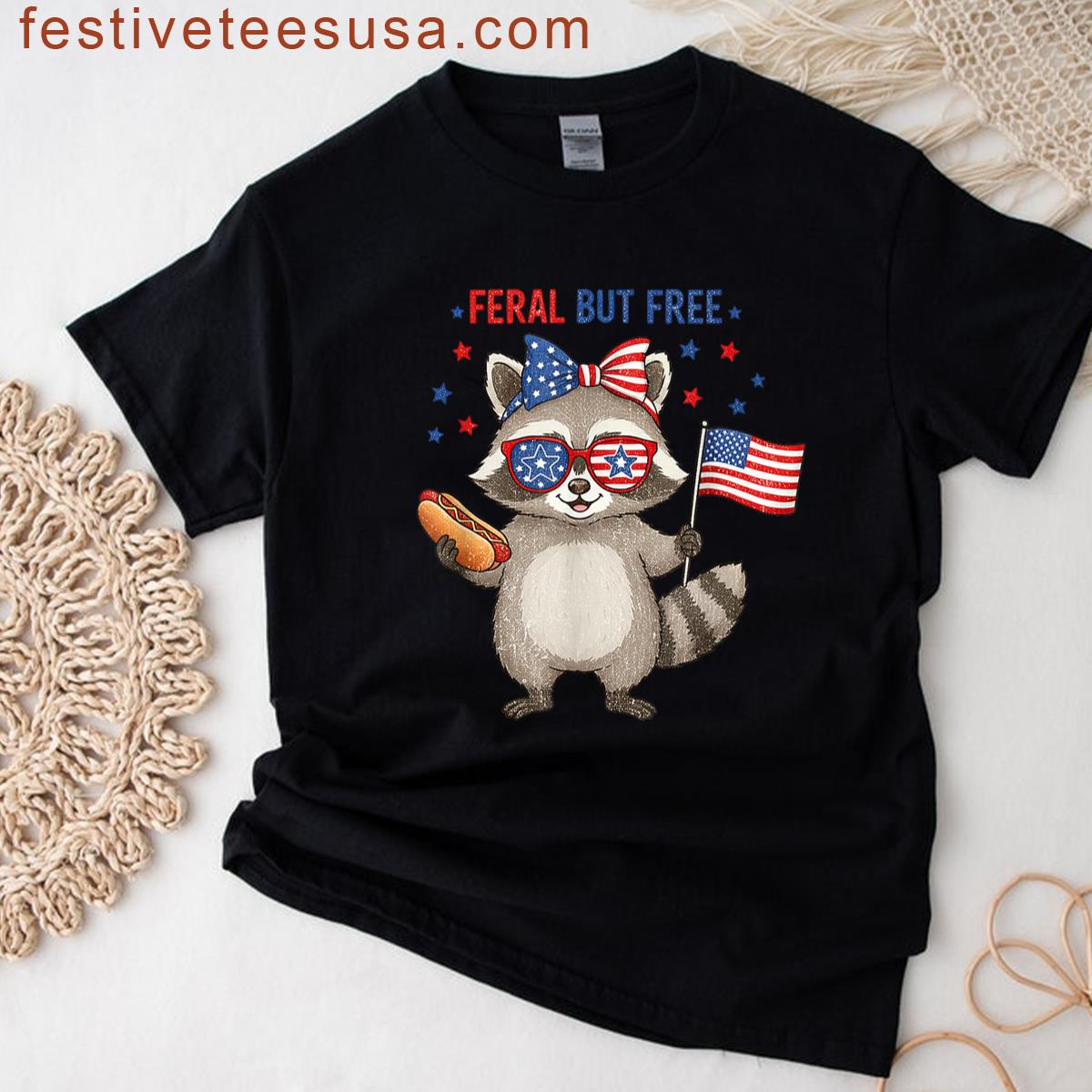 Funny Raccoon Coquette Feral But Free 4th Of July T-shirt