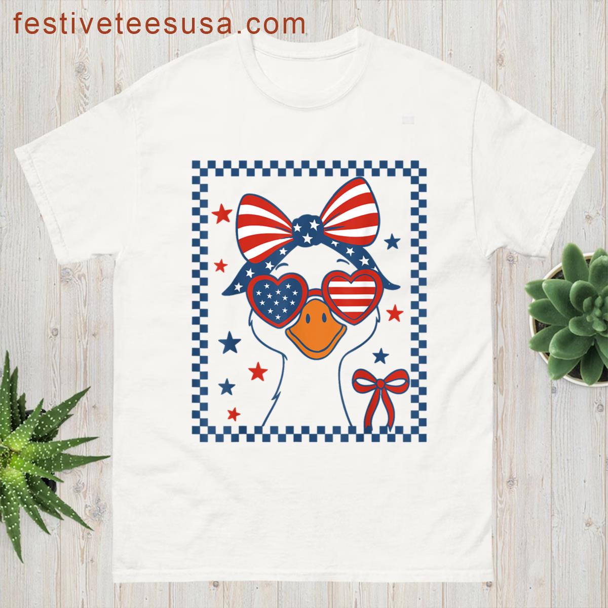 Girl Goose Coquette 4th Of July America Flag Bow Patriotic T-shirt