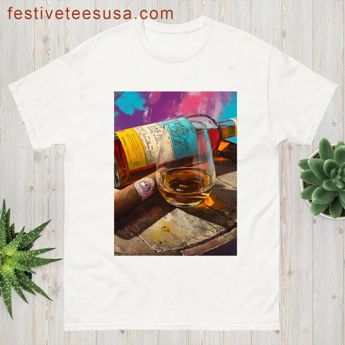 Golden Whiskey And Cigar On Barrel Display Rich Pink Blue And Yellow Hues In A Bold Celebration T-shirt