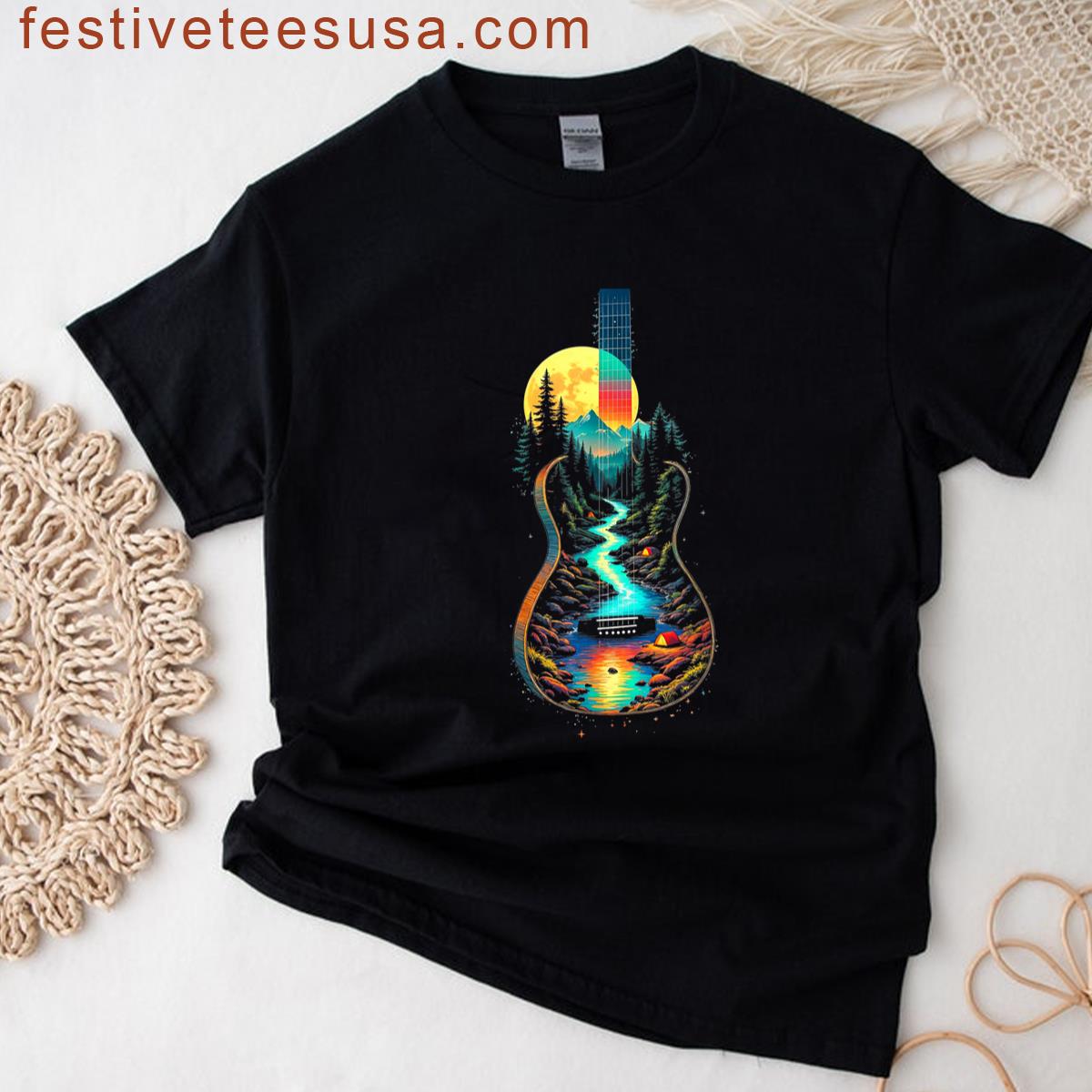 Guitar Lake Reflections Forest Pine Tree Moon Camp Guitarist T-shirt
