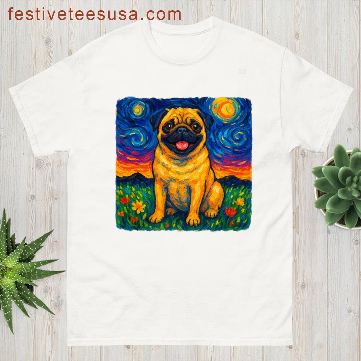 Happy Pug Art Starry Night Inspired Dog T-shirt