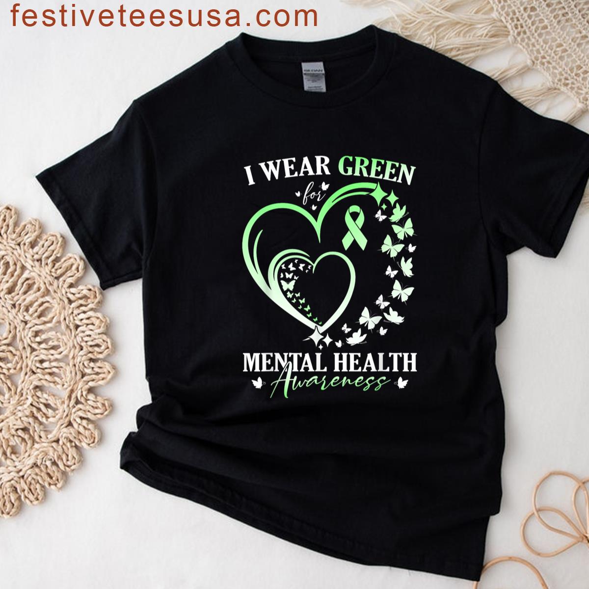 I Wear Green For Mental Health Awareness Butterfly Heart T-shirt
