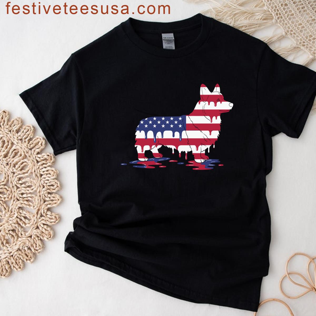 Ice Cream Drip Corgi Dog American Usa Flag 4th Of July T-shirt