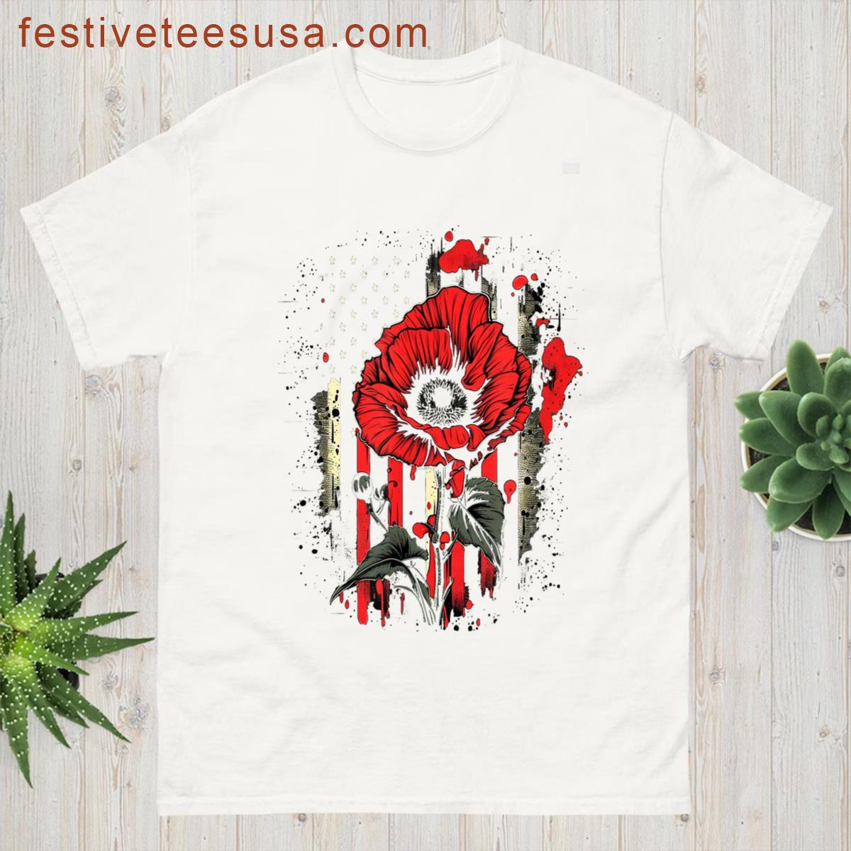 Memorial Day Red Poppy Flower American Flag Usa 4th Of July T-shirt