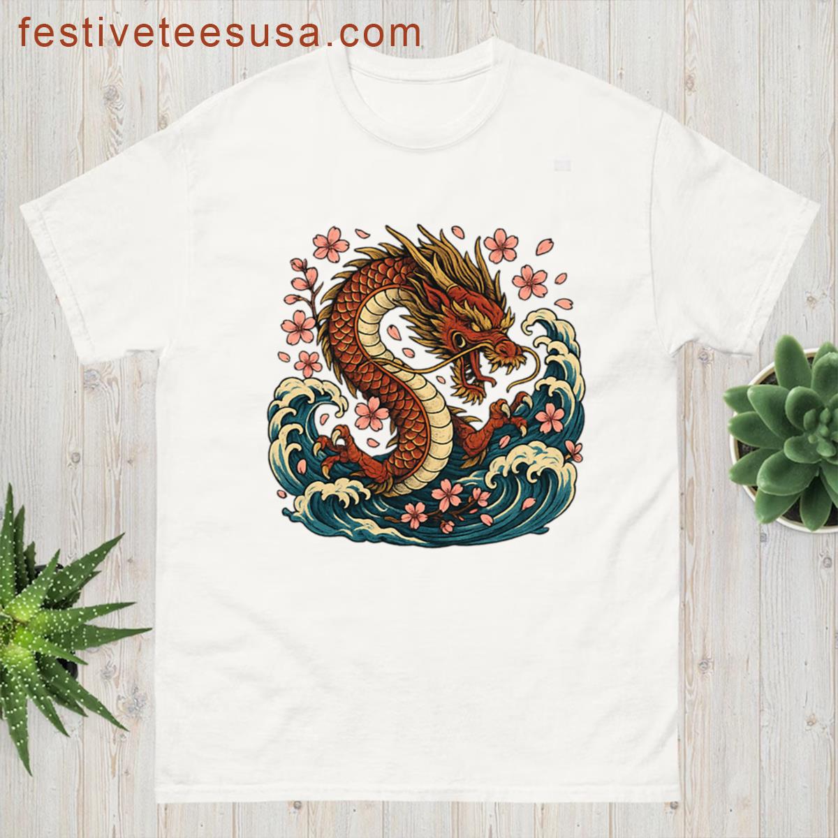 Ocean Wave Dragon With Cherry Blossoms T-shirt