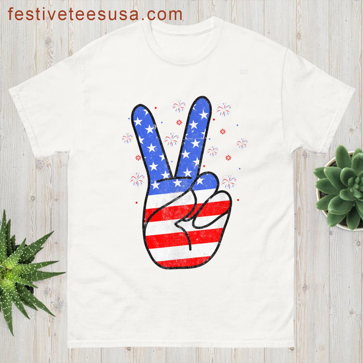 Patriotic America Flag Peace Sign Hand Usa 4th Of July T-shirt