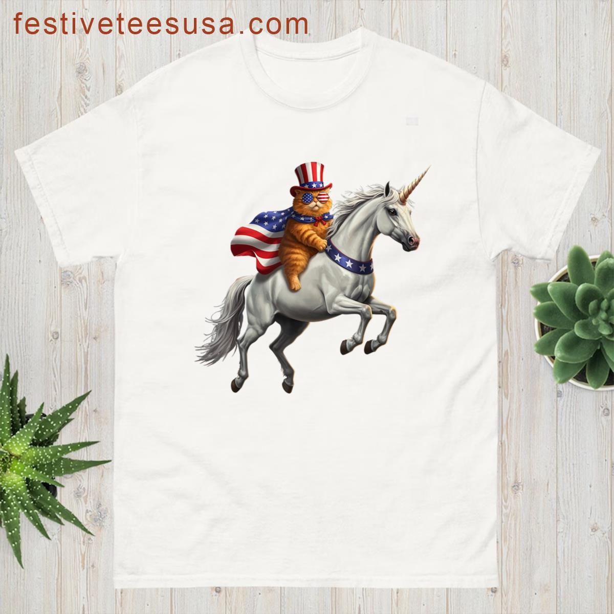 Patriotic Cute Cat Riding Unicorn American Flag 4th Of July T-shirt