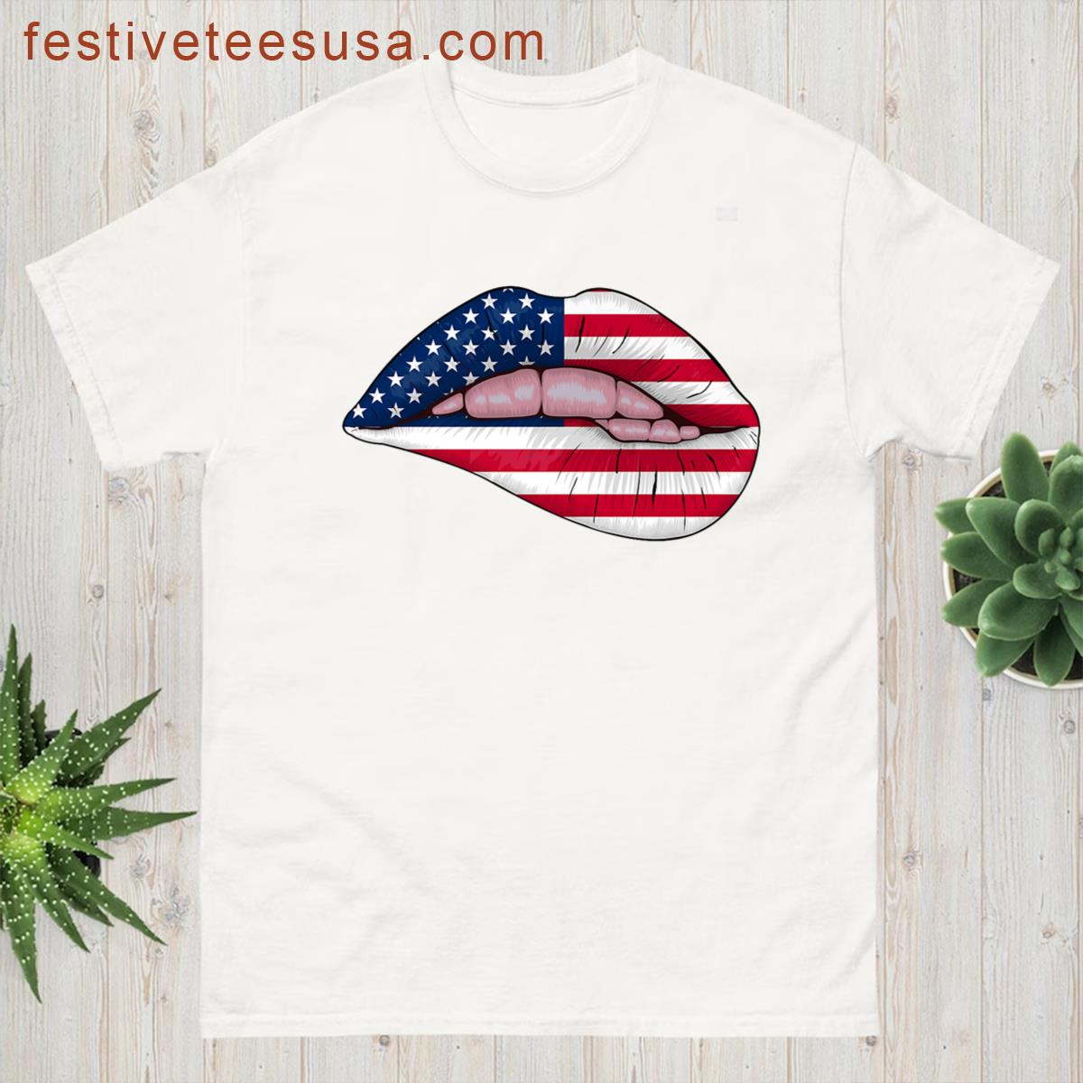 Patriotic Us America Flag Lips 4th Of July Premium T-shirt