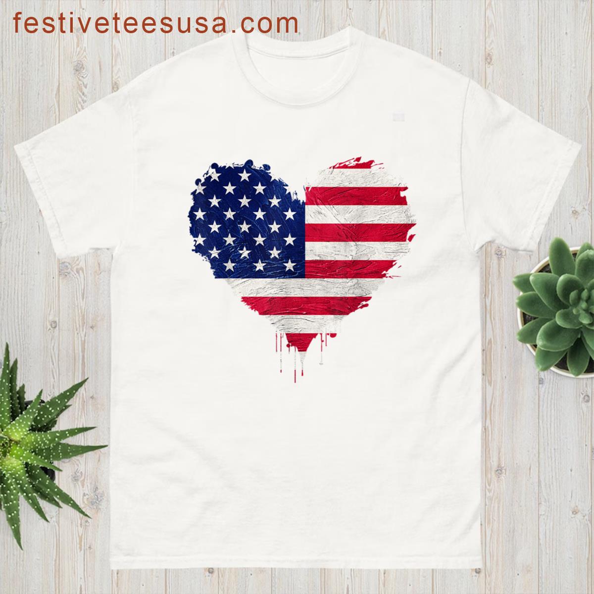 Patriotic Us America Flag Love Heart 4th Of July T-shirt
