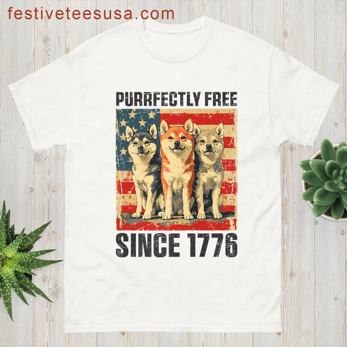 Purrfectly Free Proud Shiba Inu 4th Of July Usa Flag Premium T-shirt