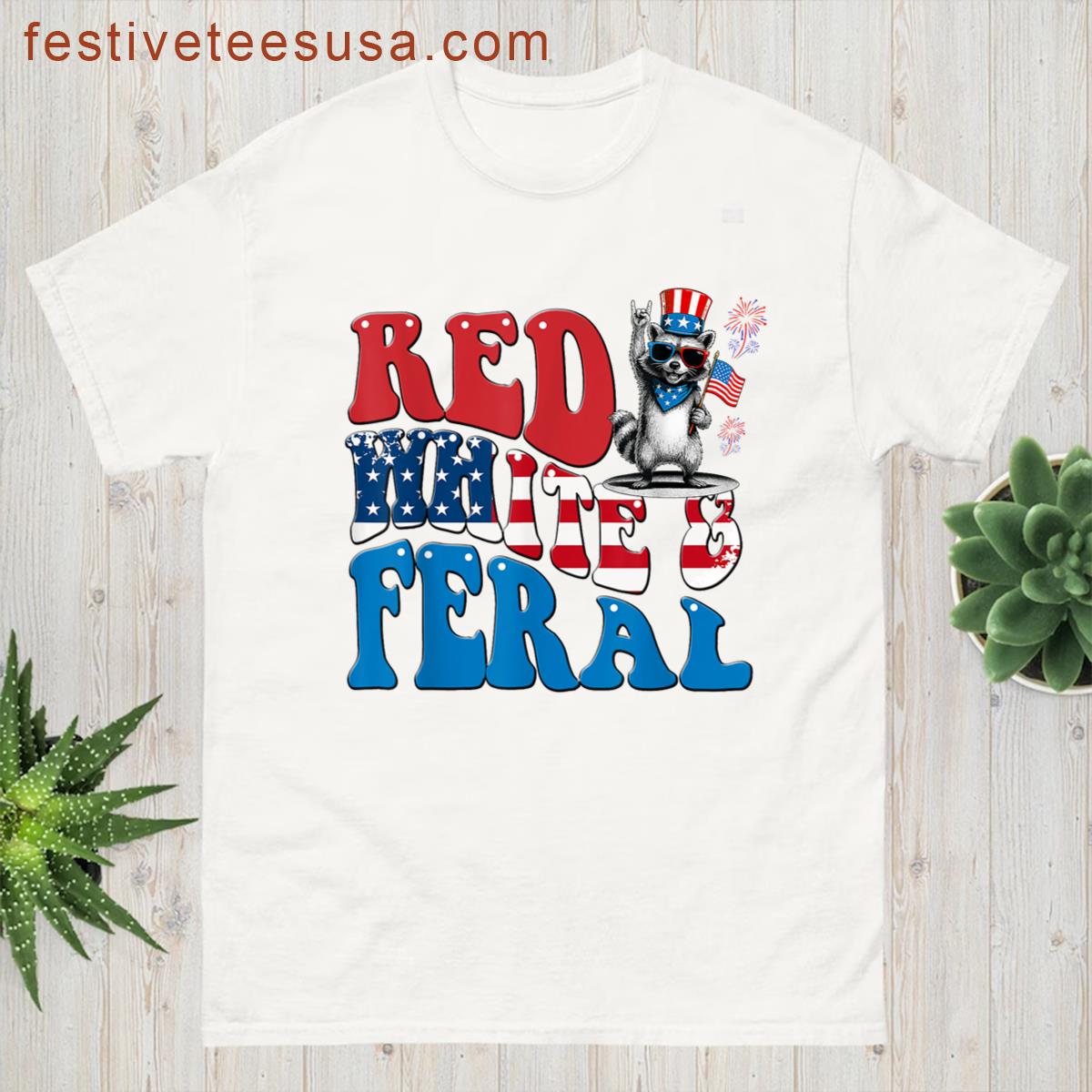 Red White And Feral Funny Raccoon Usa 4th Of July Boys Kids T-shirt