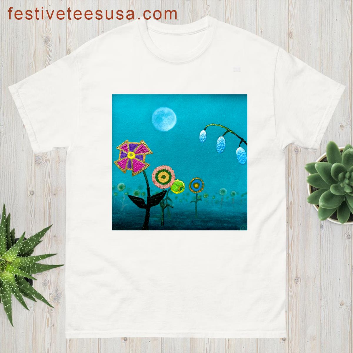 Secret Garden In The Moonlight Textured Flower Painting On Canvas T-shirt
