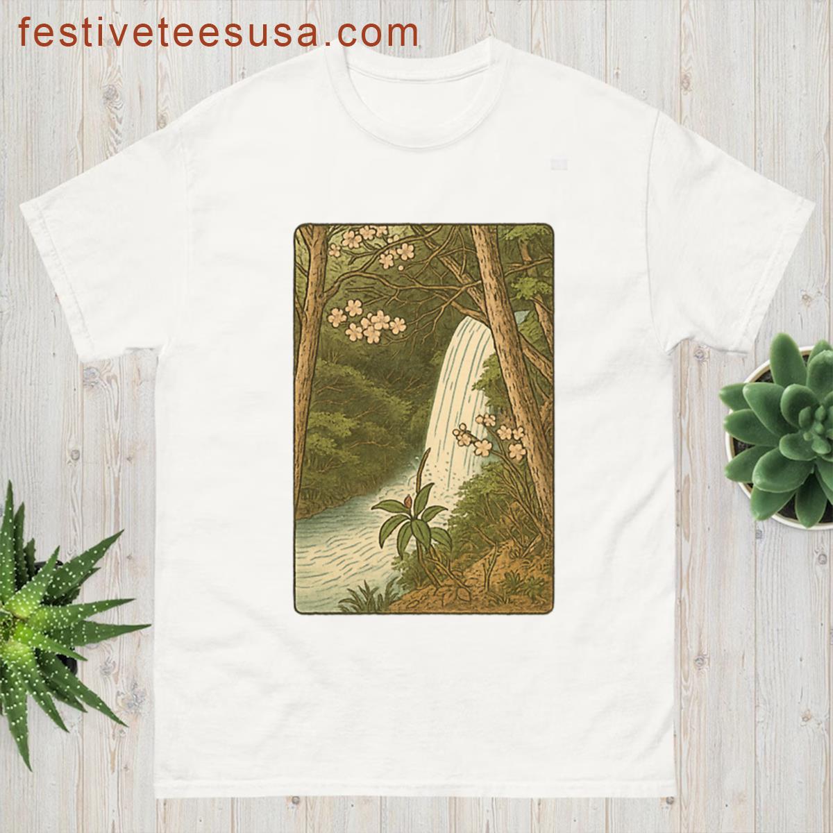 Spring Waterfall And Wildflowers Breath Of Nature Tranquil Streamscape T-shirt
