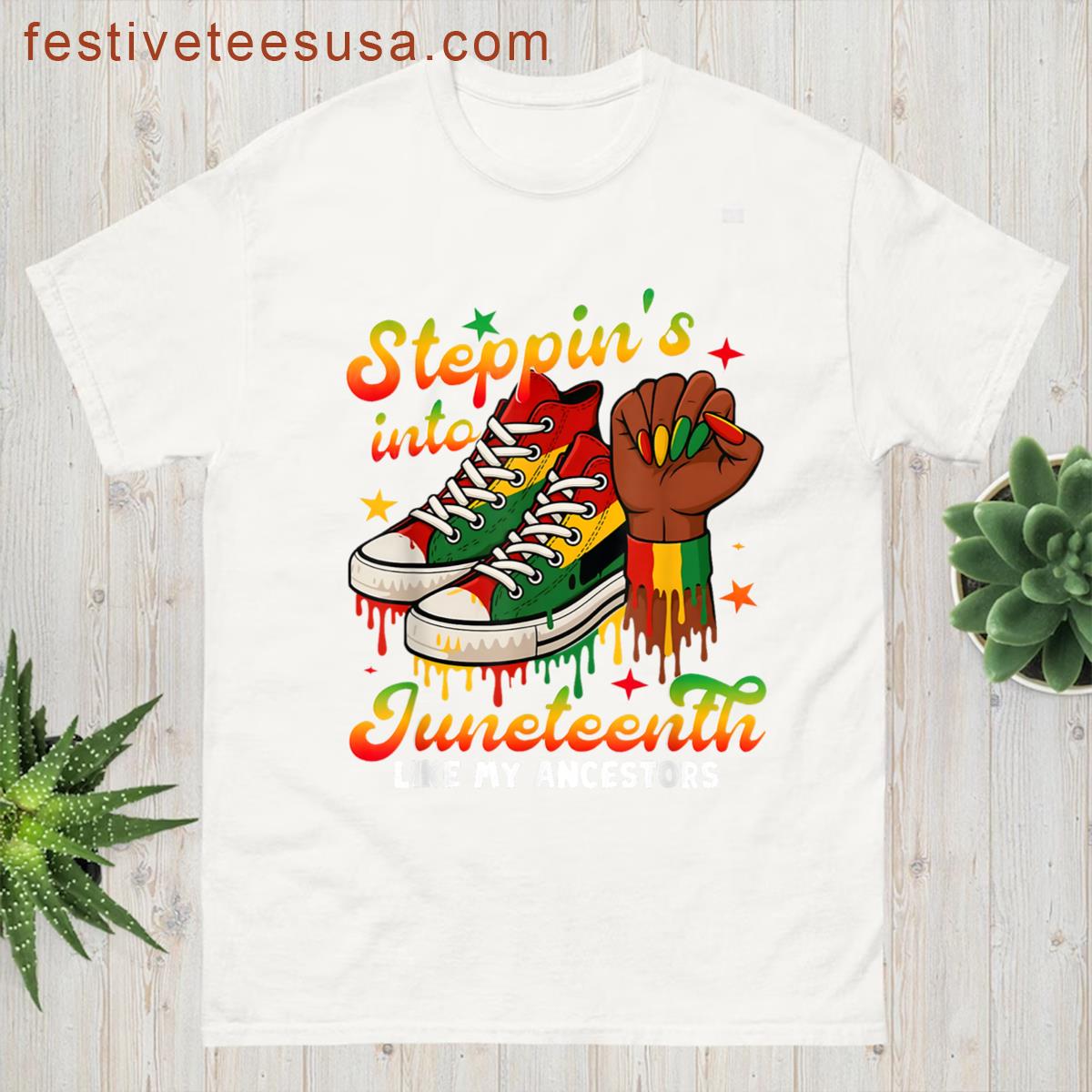 Stepping Into Juneteenth Sneakers Afro Black Woman Girls Men T-shirt