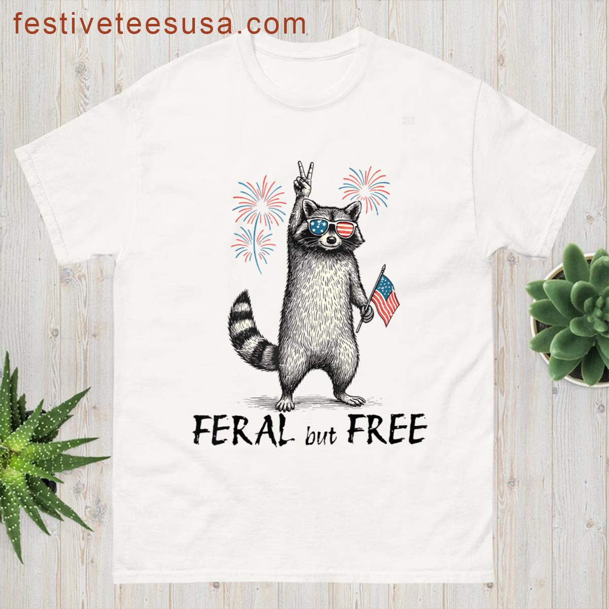 Vintage Funny Raccoon Feral But Free 4th Of July Patriotic T-shirt