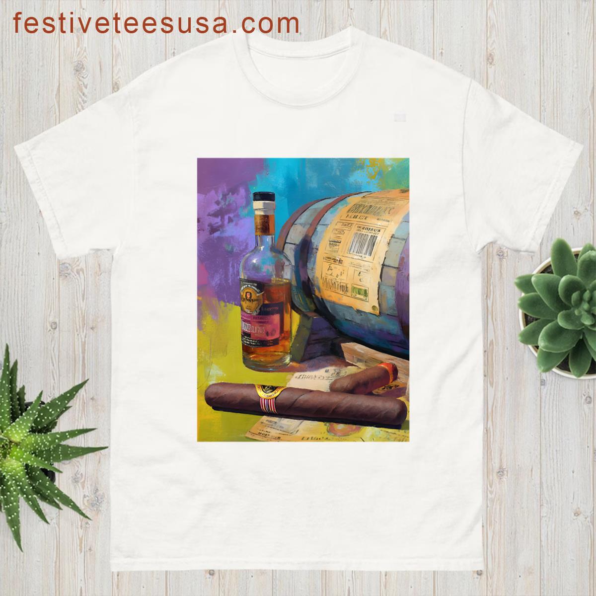 Whiskey Barrel And Bottle With Cigars On Papers Vibrant Multicolored Backdrop Of Luxury T-shirt