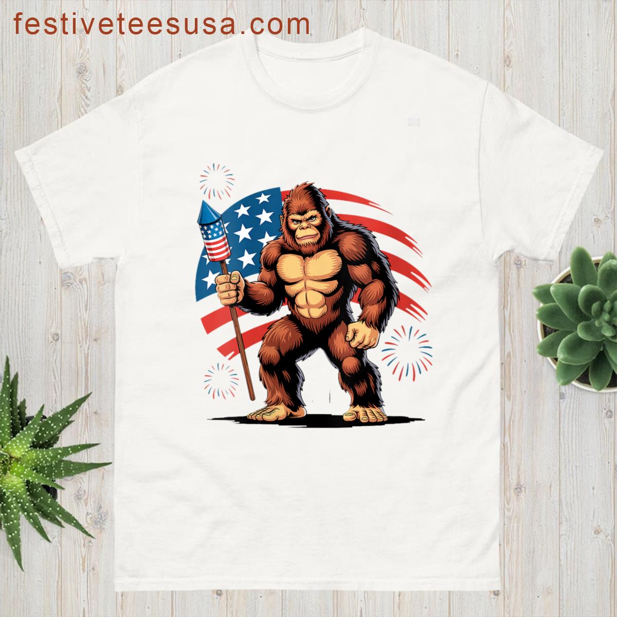 Womens American Flag Bigfoot Fireworks 4th Of July Sasquatch Us T-shirt