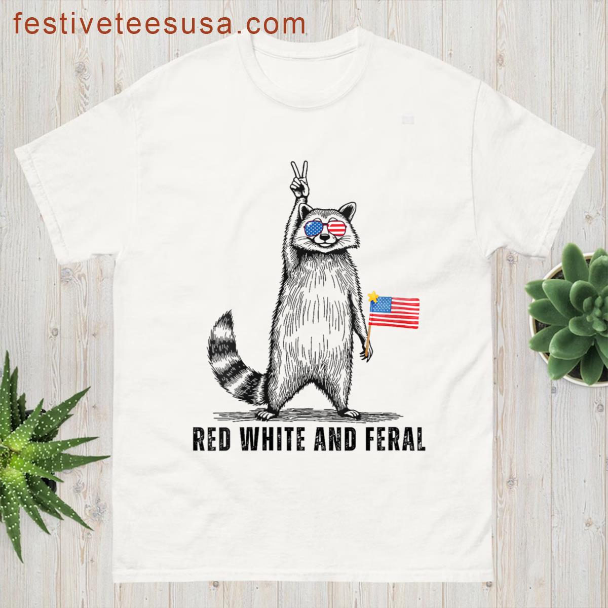 Womens Funny Vintage Raccoon 4th Of July Patriotic Red White Feral T-shirt