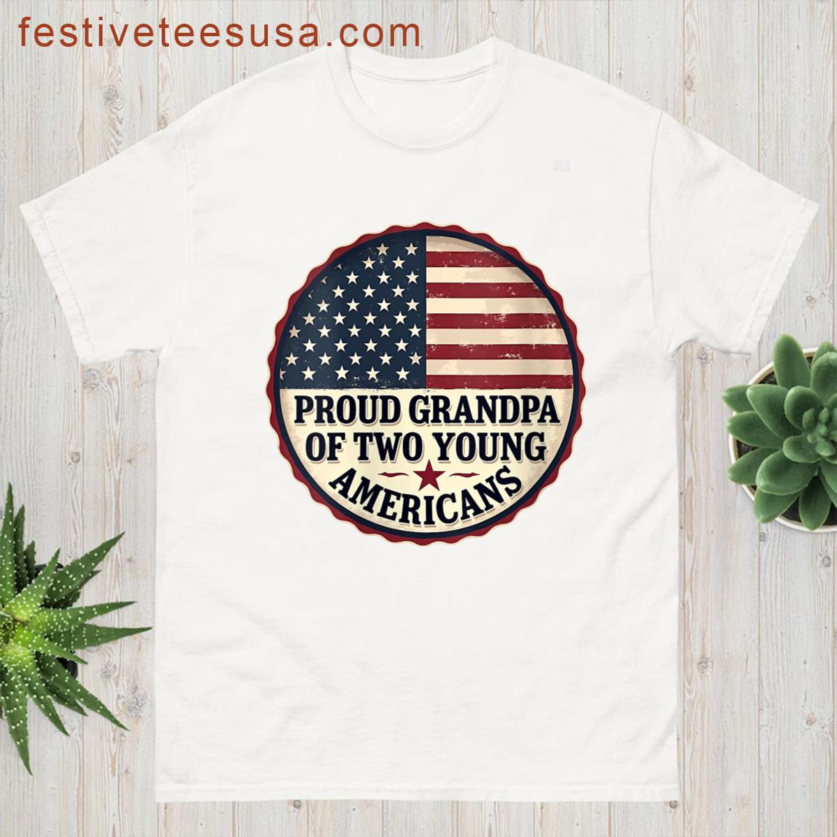 Womens Proud Grandpa Of Two Young Americans Granddad Grandchild T-shirt