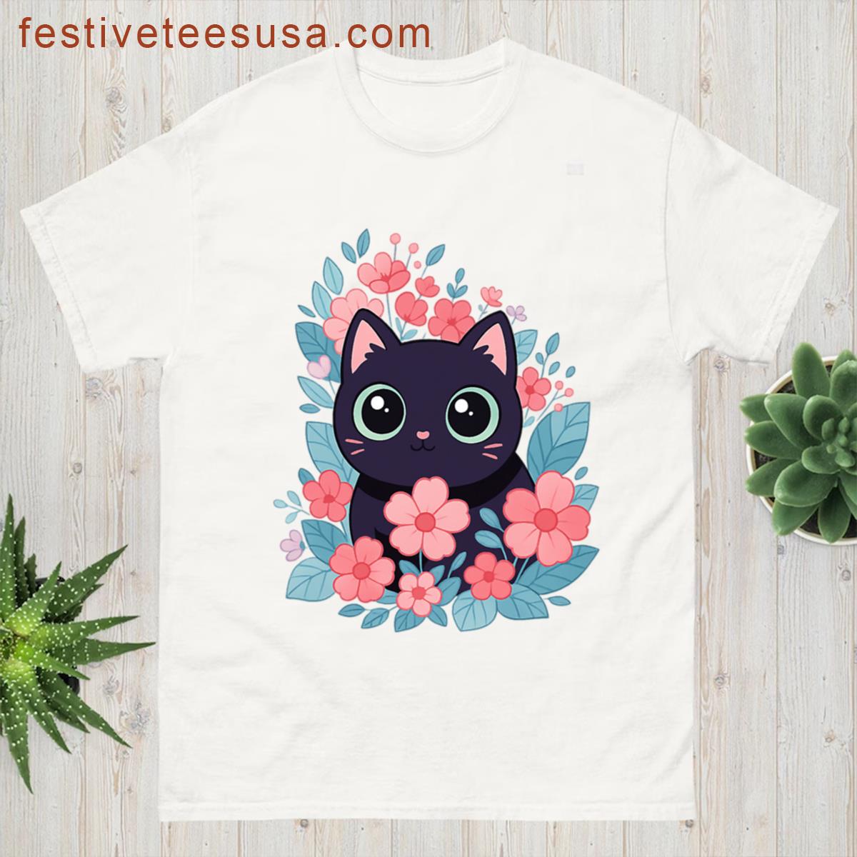 Kawaii Black Cat With Flowers Oversized T-shirt