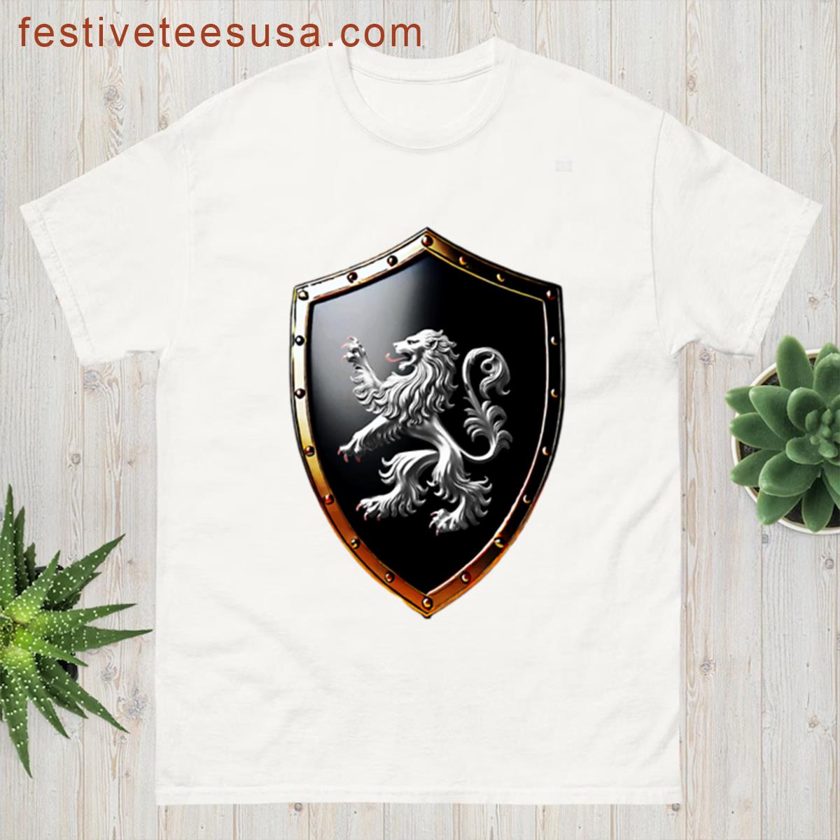 Lewis Shield Regal Silver Lion On Bold Black Emblem T-shirt