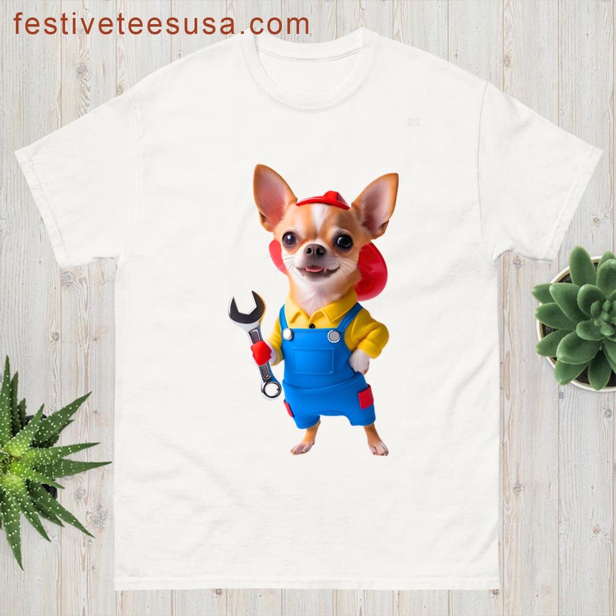 Mechanic Chihuahua With Wrench Funny Dog Fix It Design T-shirt