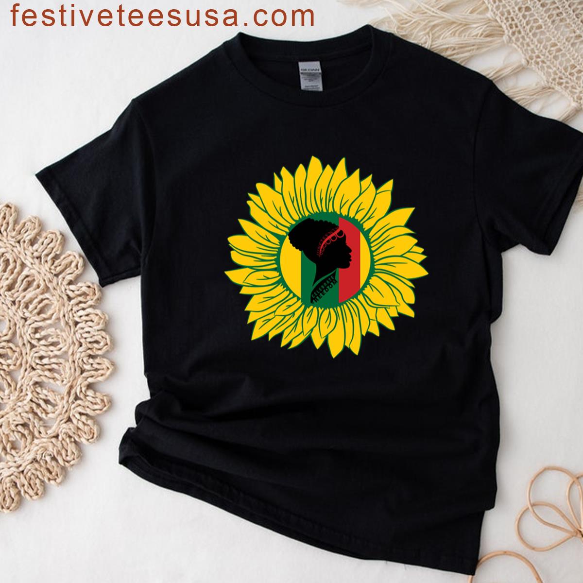 Natural Black Woman With Sunflower Juneteenth Day T-shirt