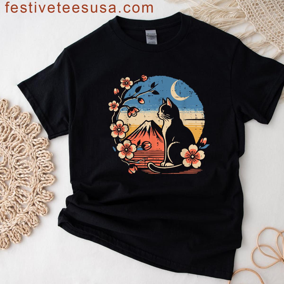 Japanese Tuxedo Cat Cherry Blossoms Retro Art Men Women Kids T-shirt