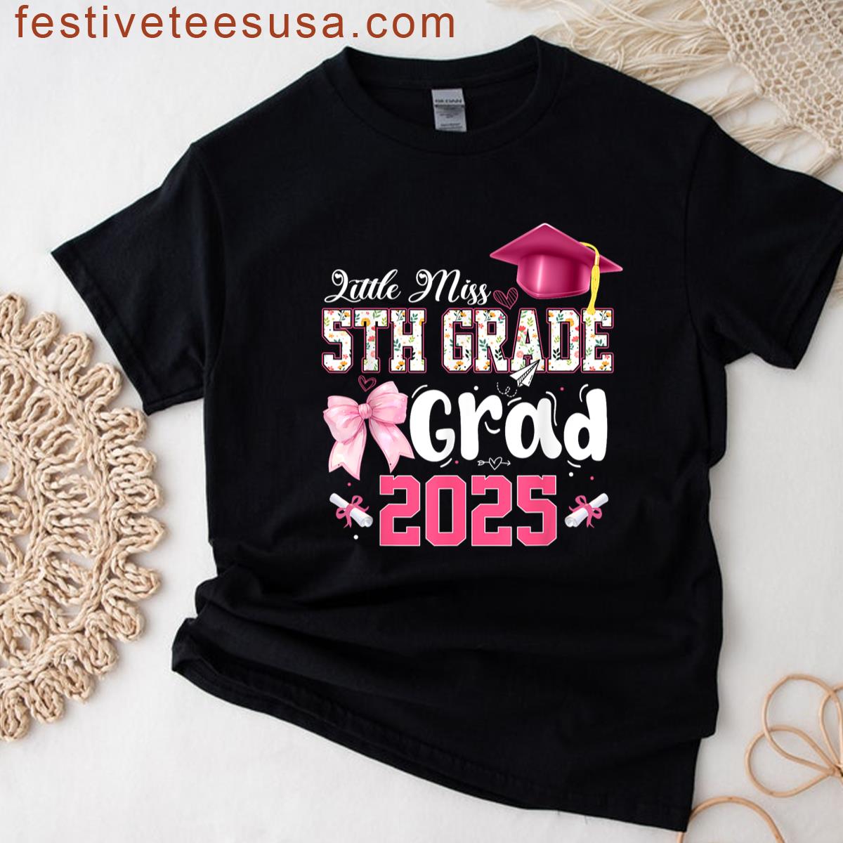 Little Miss 5th Grade Graduation Graduate Coquette Bow Kids T-shirt
