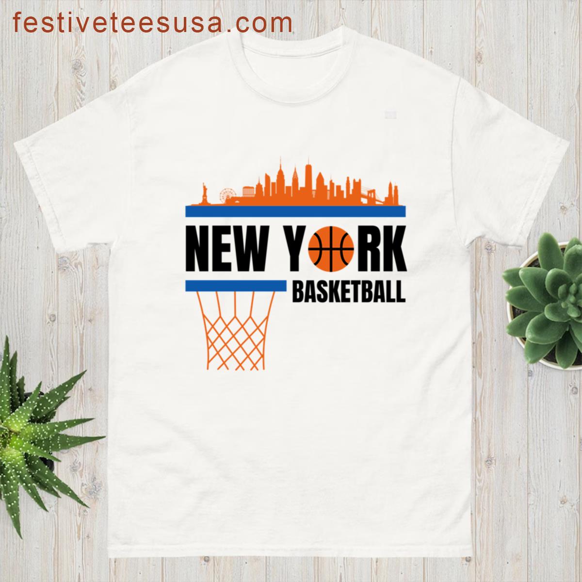 New York Basketball Black White Blue And Orange New York Skyline Nba Basketball Apparel T-shirt