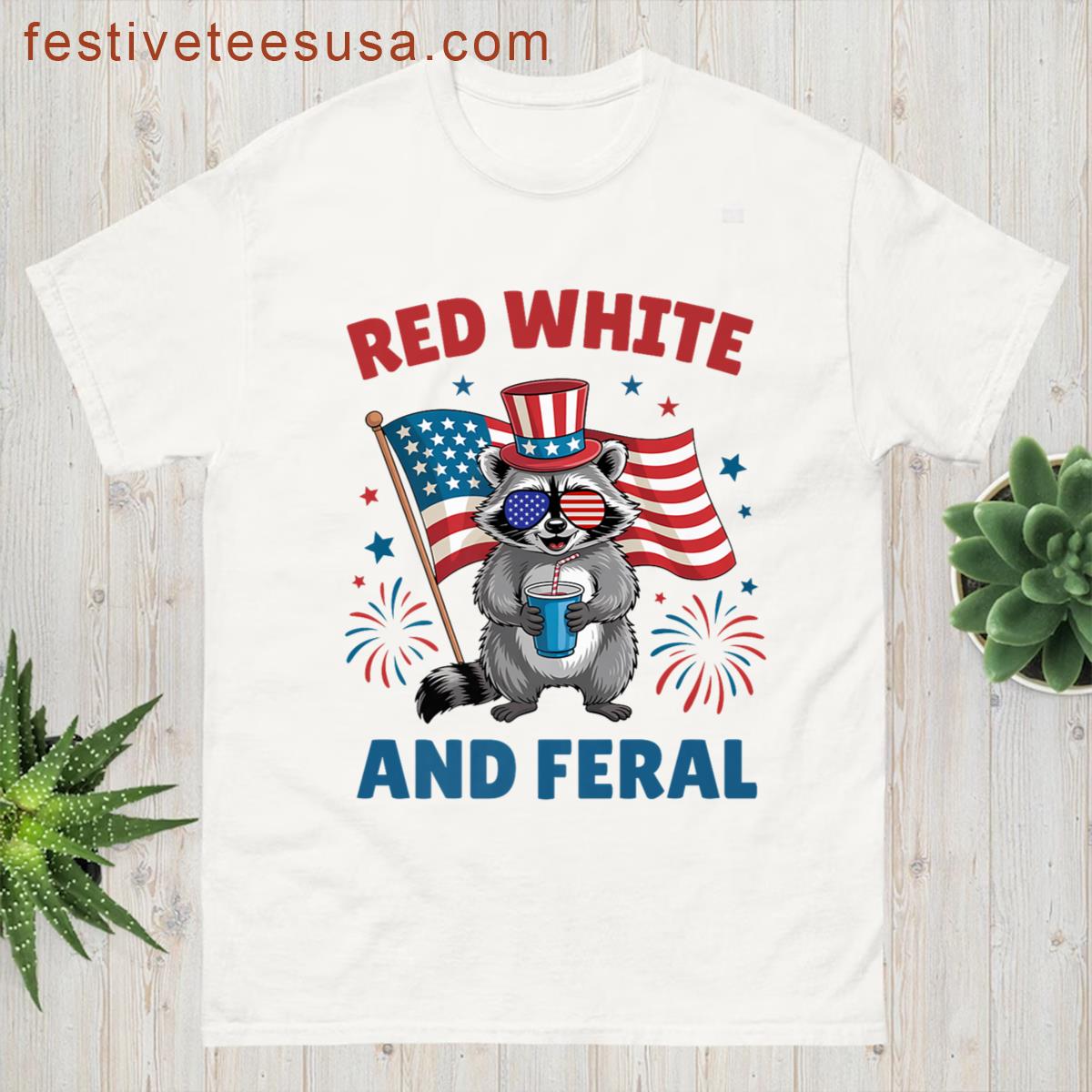 Red White And Feral Funny Raccoon 4th Of July Patriotic Girl Premium T-shirt