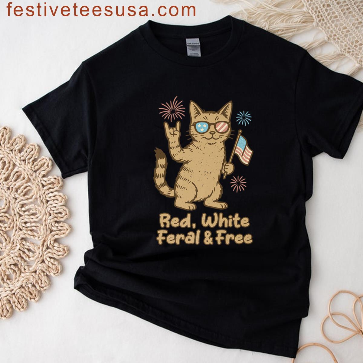 Red White Feral And Free Cat Funny Fourth Of July Kids Tees Premium T-shirt