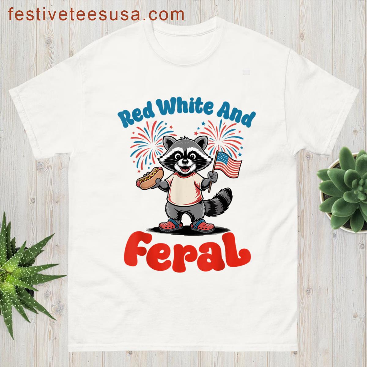 Red White Feral Raccoon 4th Of July Patriotic Hot Dog Usa T-shirt