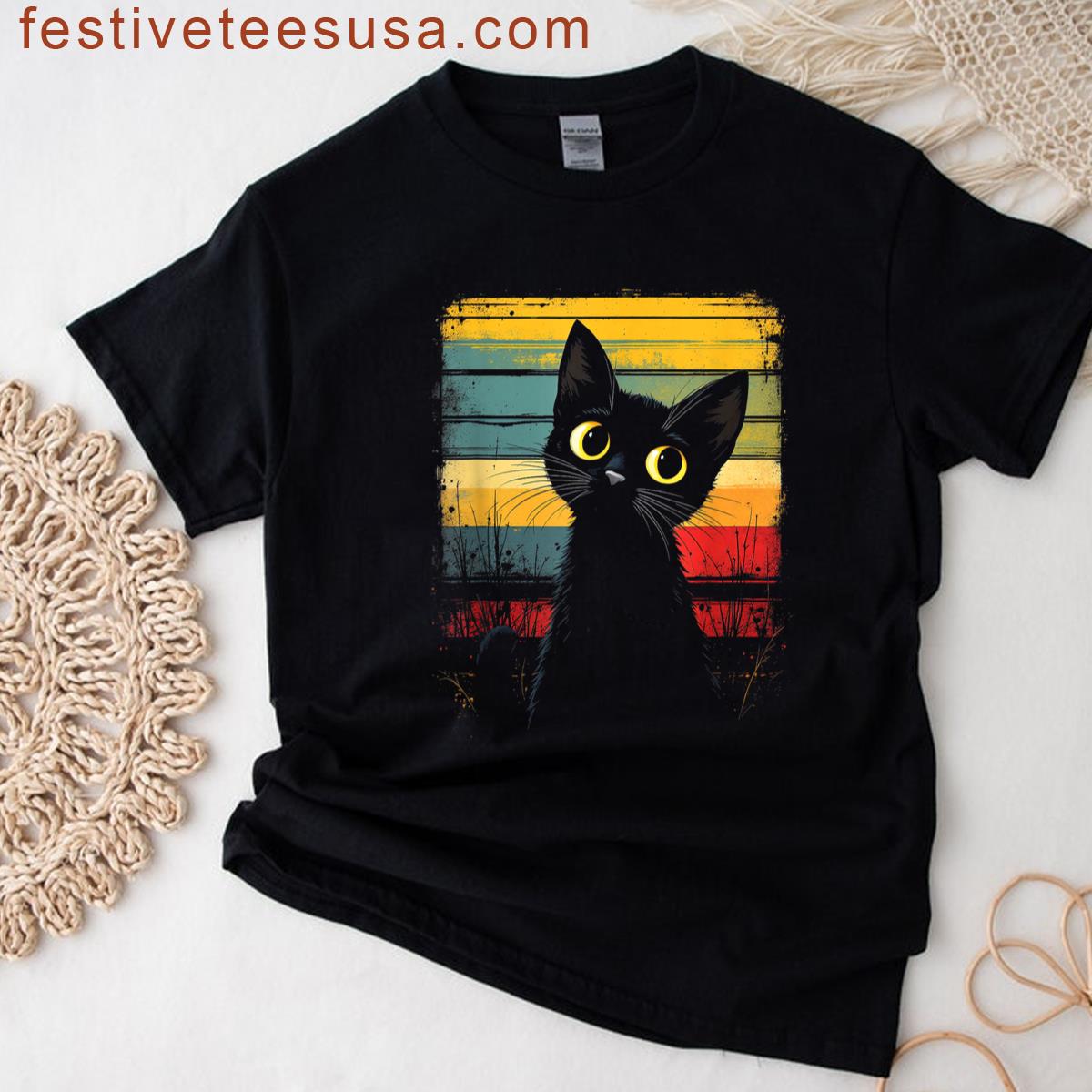 Retro Cat Motif T-shirt