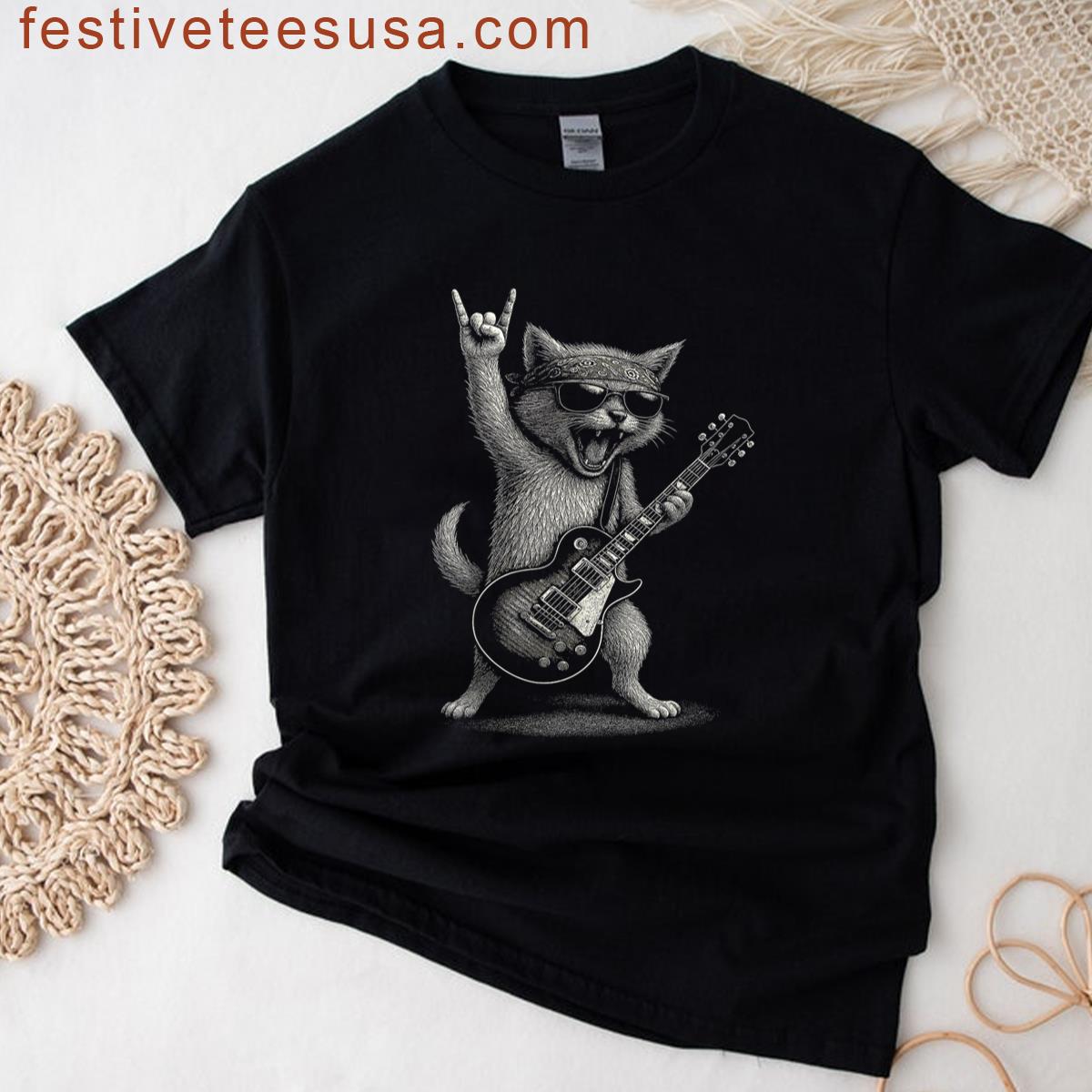 Retro Cat Rock Music Gifts Men Kids Women Funny Cat Guitar T-shirt